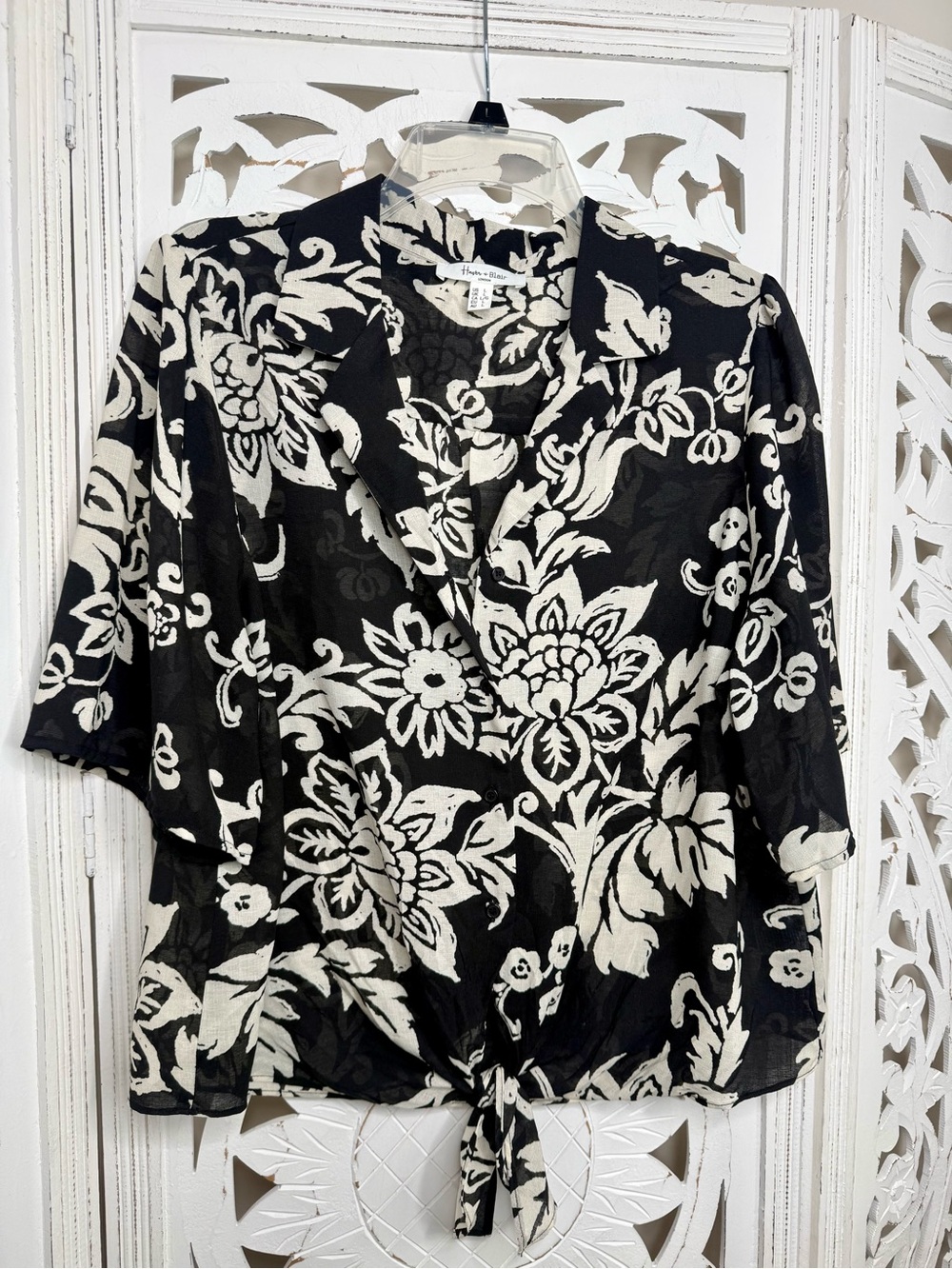 Haver + Blair Black & White Floral Tie-Front Blouse
